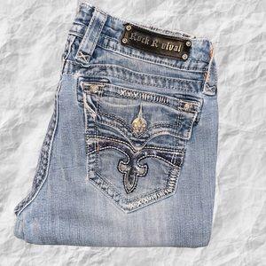 Rock Revival Celine Boot Jeans embroidered Rhinestones flap size 30X34